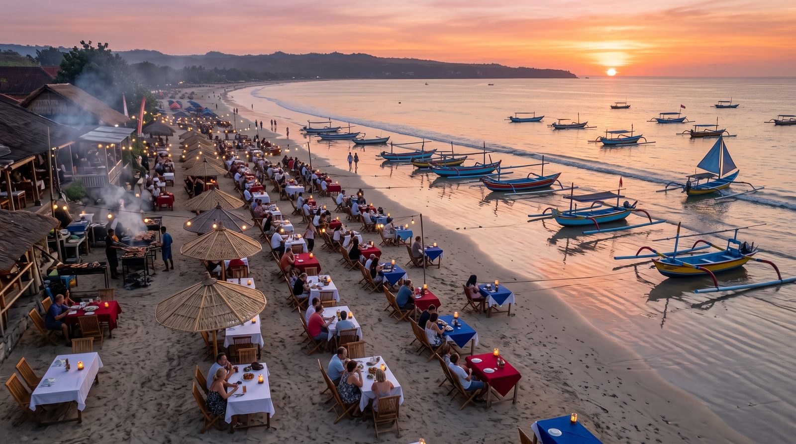 Jimbaran bay seafood tables on the sand at sunset, Bali