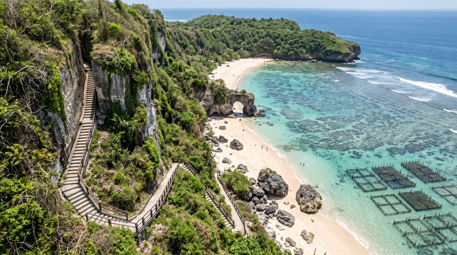 Gunung Payung cove in Kutuh with its cliff staircase and seaweed plots, Bali
