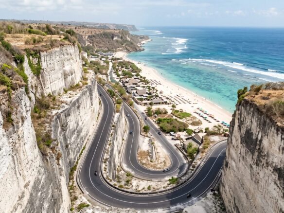 Melasti beach and its limestone access road, Bukit peninsula, Bali