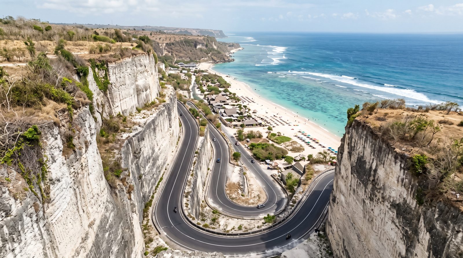 Melasti beach and its limestone access road, Bukit peninsula, Bali