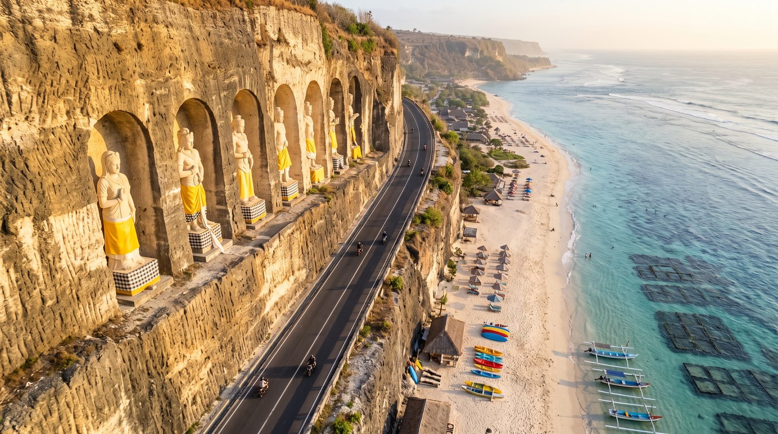 Pandawa beach with the carved statues in the cliff wall, Bali